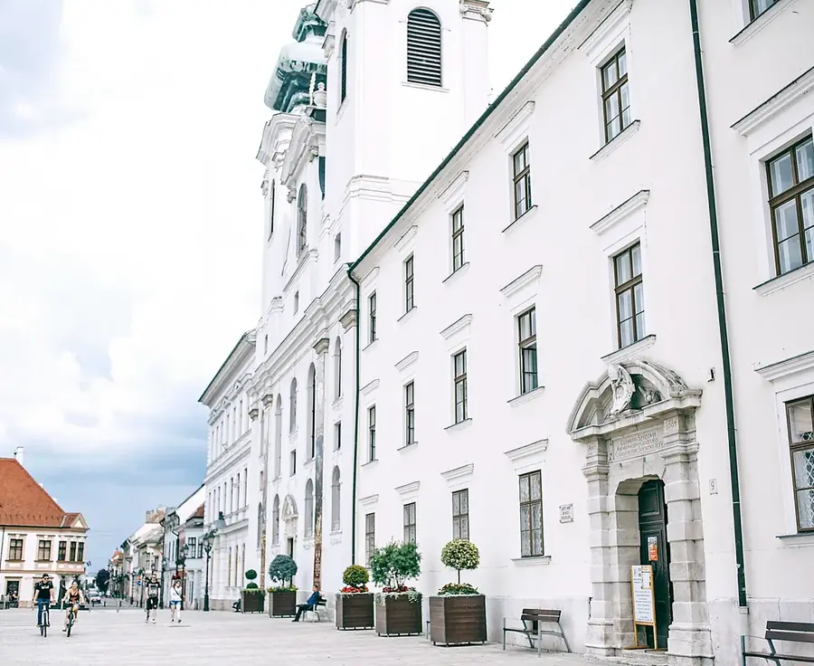 Historische Gebäudefassade an einer gepflasterten Straße in Linz